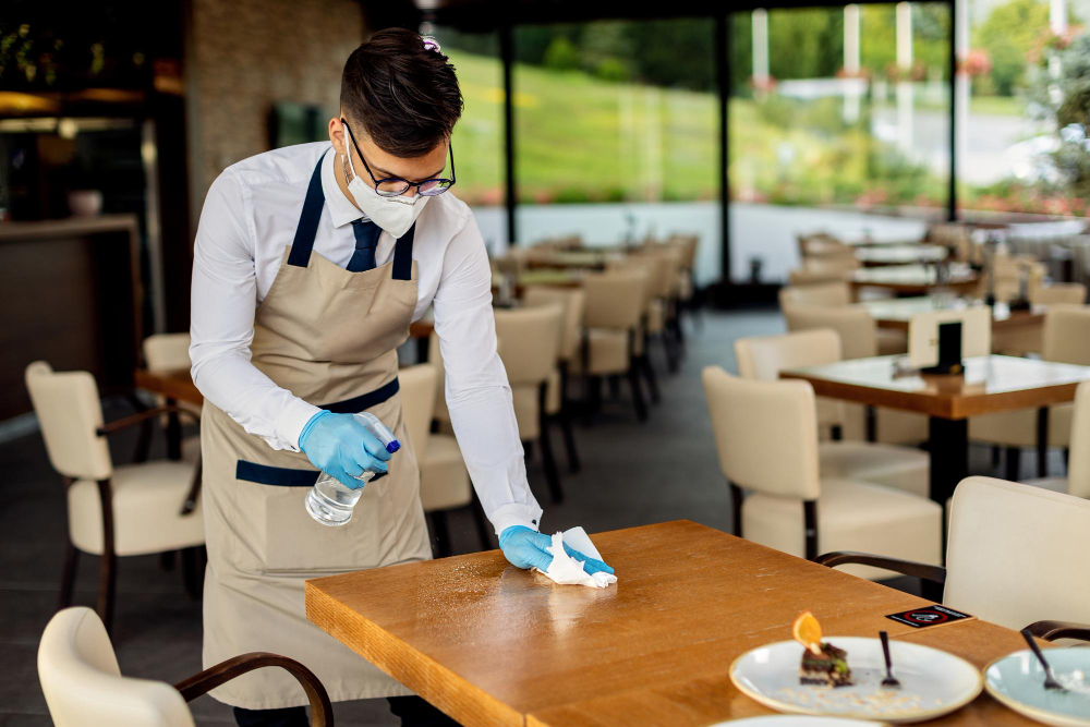 Funcionário de estabelecimento comercial utilizando produtos de limpeza para restaurantes